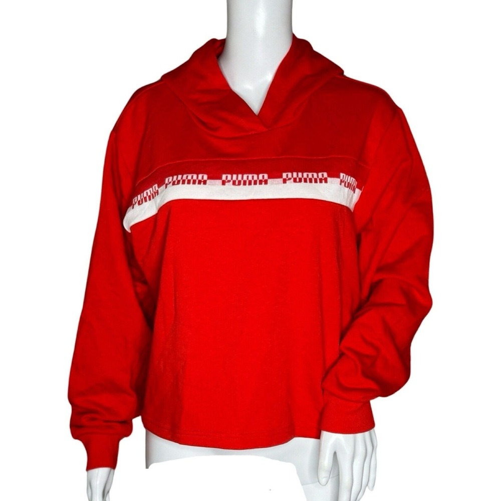 Puma Amplified Cropped Hoodie Poppy Red Logo Tape Relaxed Fit Pullover Sweater L